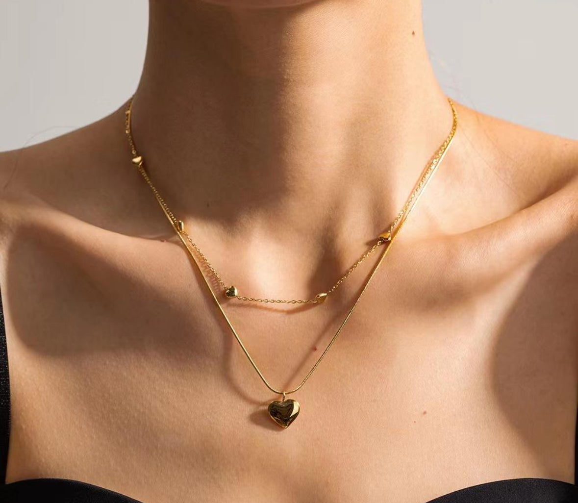 Heart Chain & Drop Doble Chain Necklace