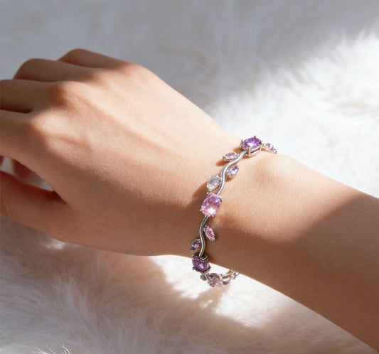 Tulip Bracelet (Silver) (Purple, Pink & White Stones)