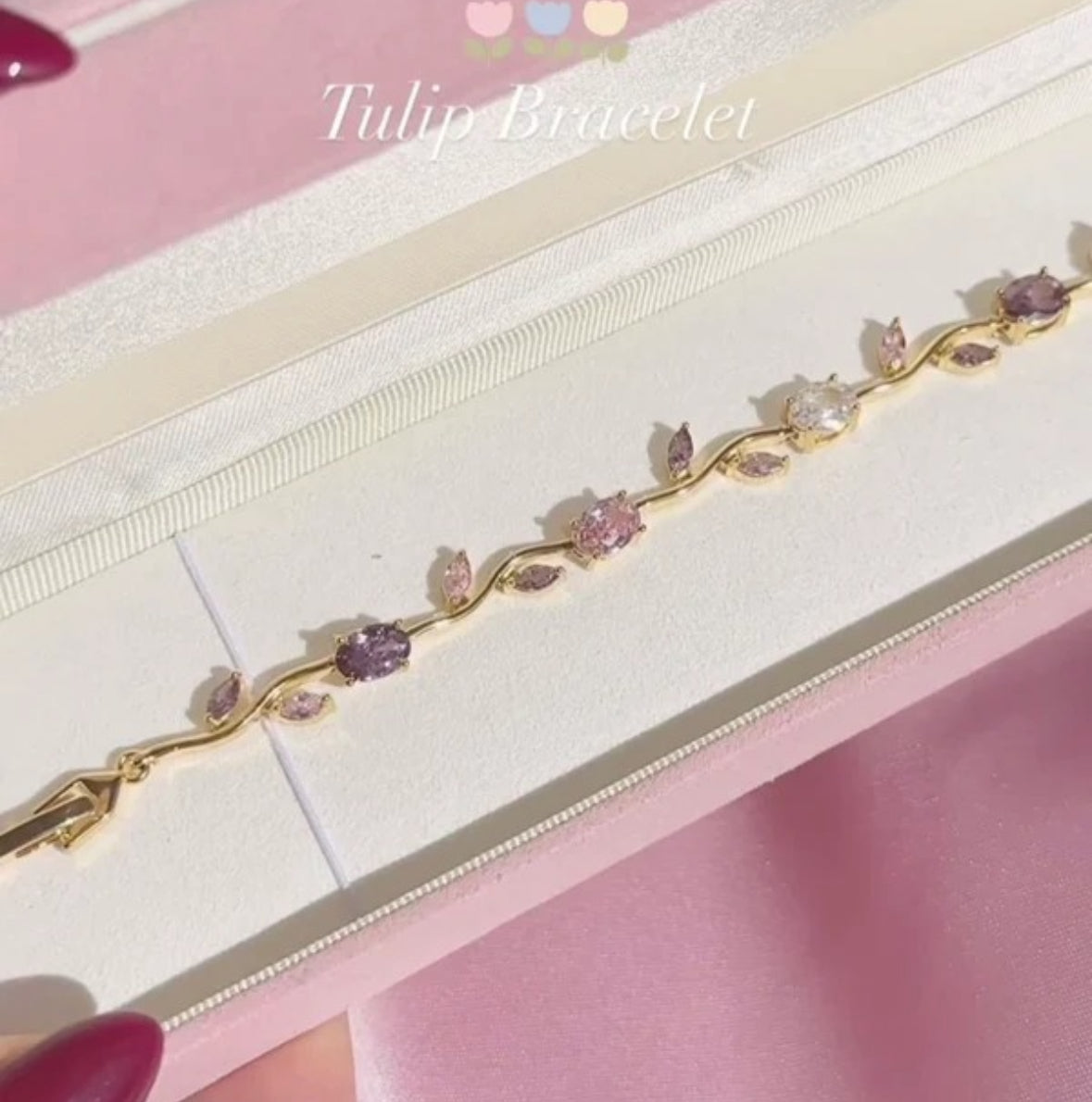 Tulip Bracelet (Gold) (Pink, Purple & White Stones)