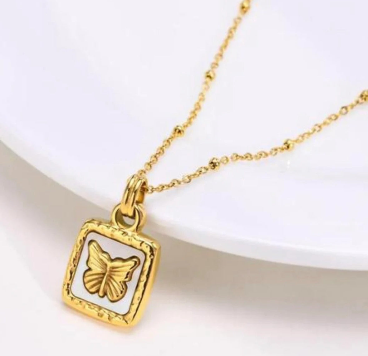 Butterfly Studded In Shell Square Necklace