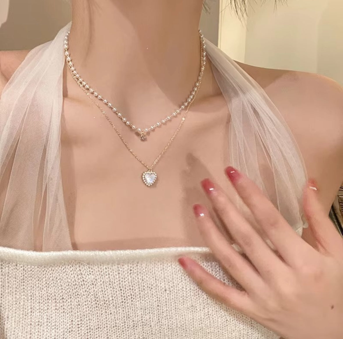 Double Layer Pearl
Chain Heart Necklace