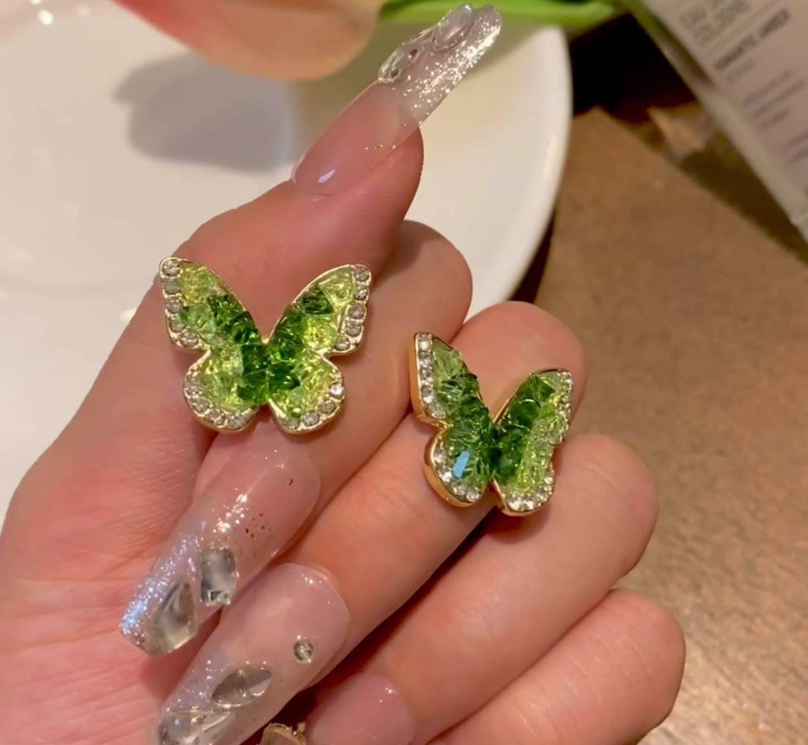 Green Gradient Crystals Butterfly Stud Earrings