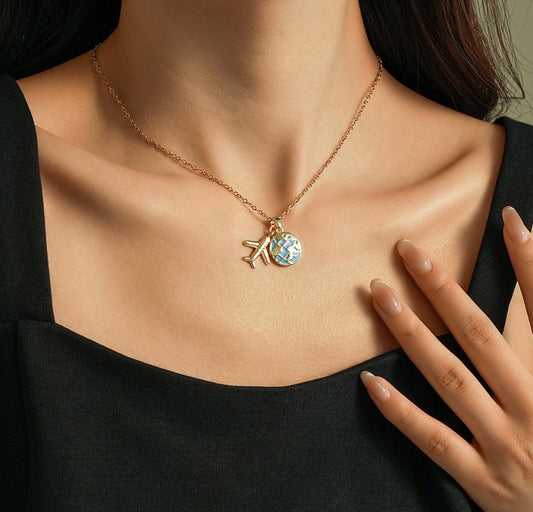 Globe & Plane Charm Nomad's Pendant Necklace