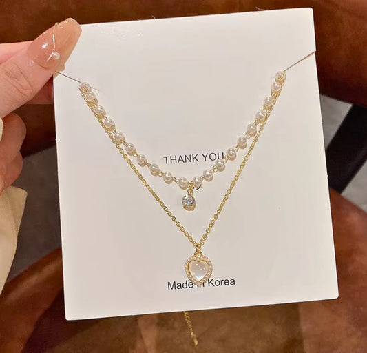 Double Layer Pearl
Chain Heart Necklace