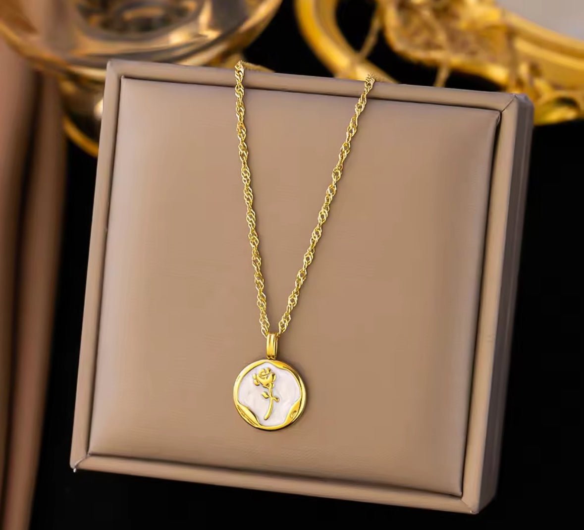 Rose Enamelled
Pendant With Trited Style Chain
Necklace
