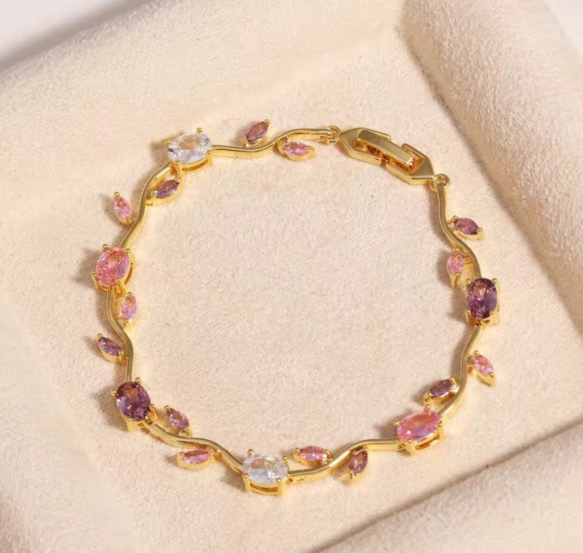 Tulip Bracelet (Gold) (Pink, Purple & White Stones)