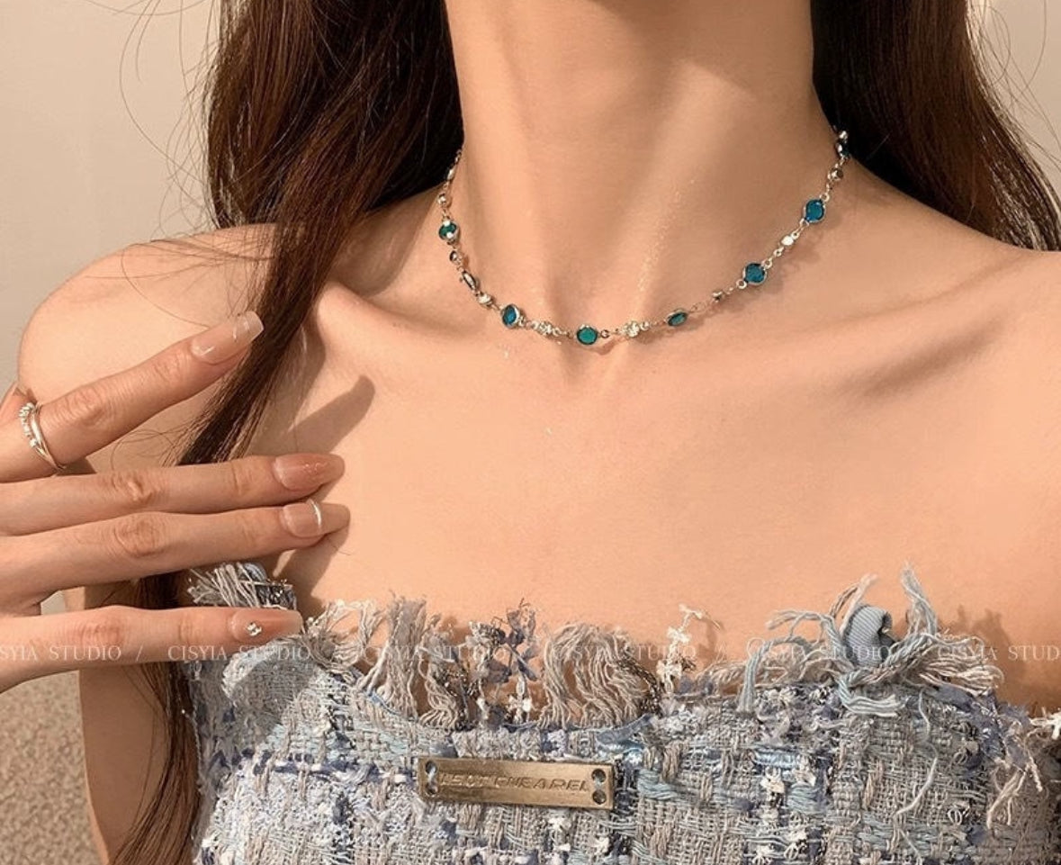Two Layer Blue Theme Butterfly & Stone Necklace