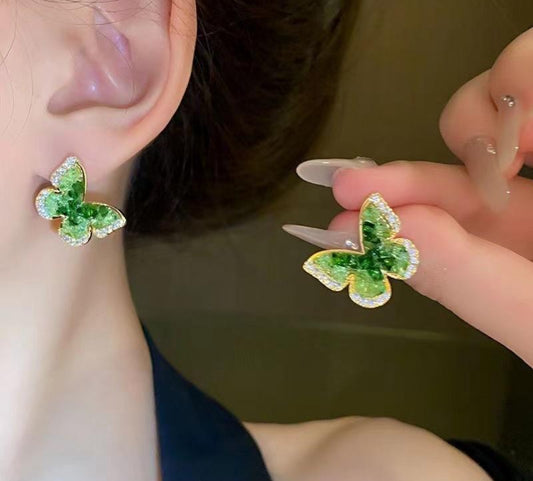 Green Gradient Crystals Butterfly Stud Earrings