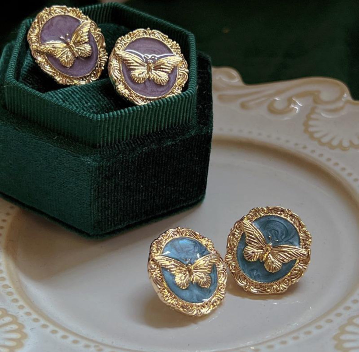Vintage Retro Gold Butterfly Enamel Stud Earrings