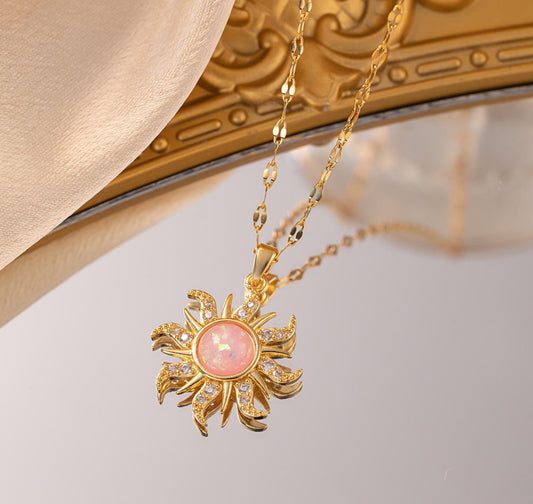 Pink Opal Sun
Flower Pendant Necklace