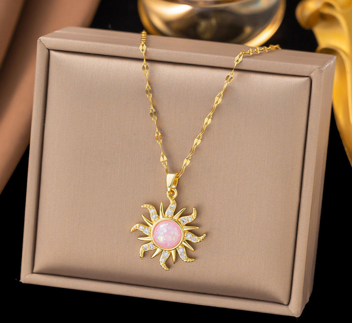 Pink Opal Sun
Flower Pendant Necklace