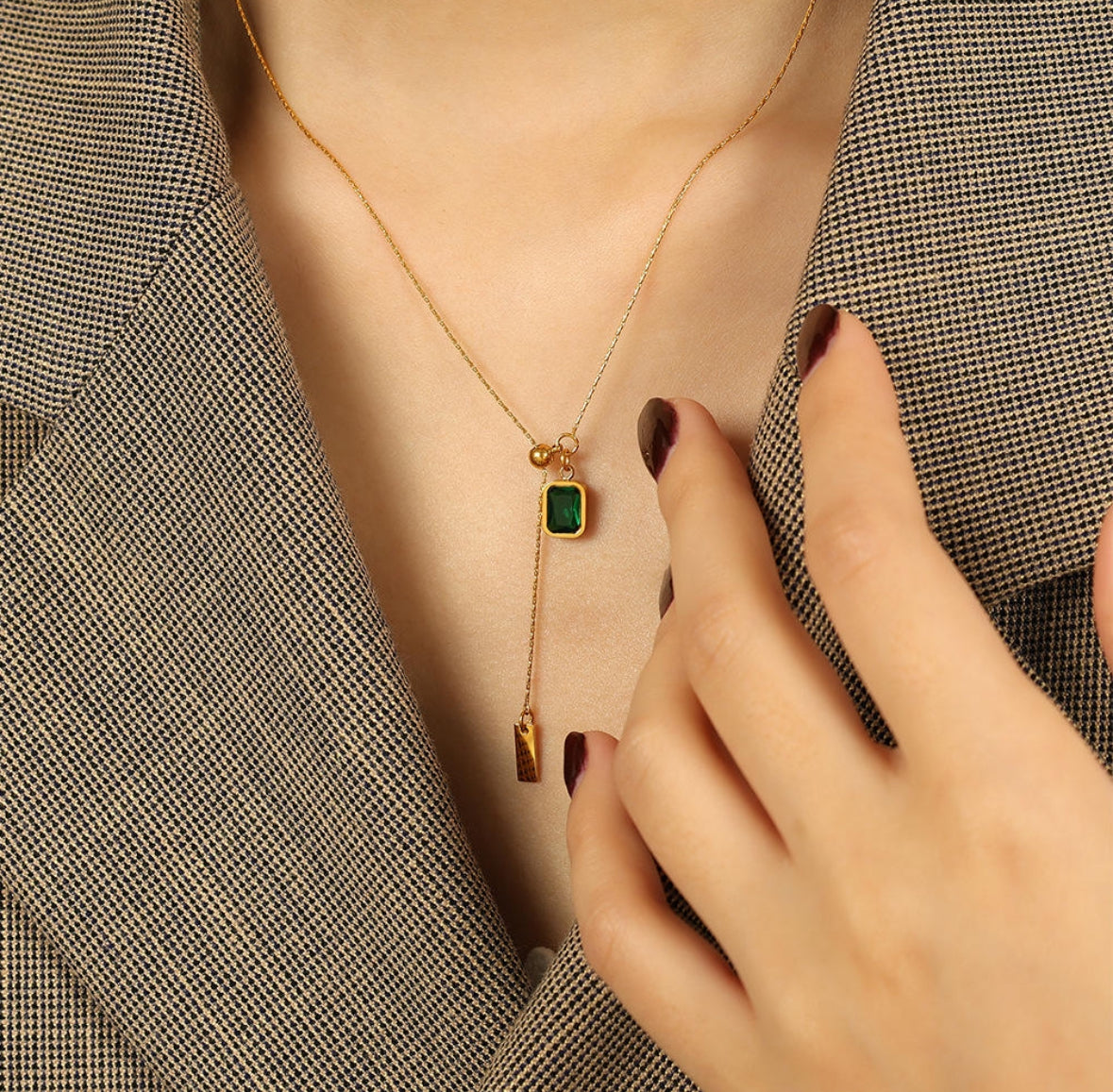 Emerald Pendant Baby Engraved Bar Drop Necklace