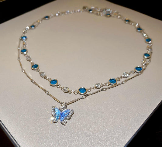 Two Layer Blue Theme Butterfly & Stone Necklace