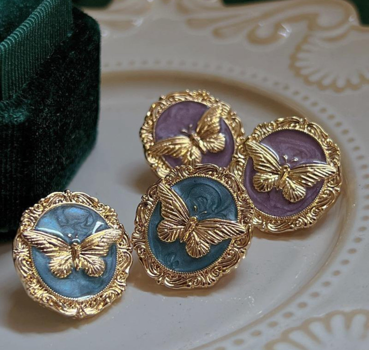 Vintage Retro Gold Butterfly Enamel Stud Earrings