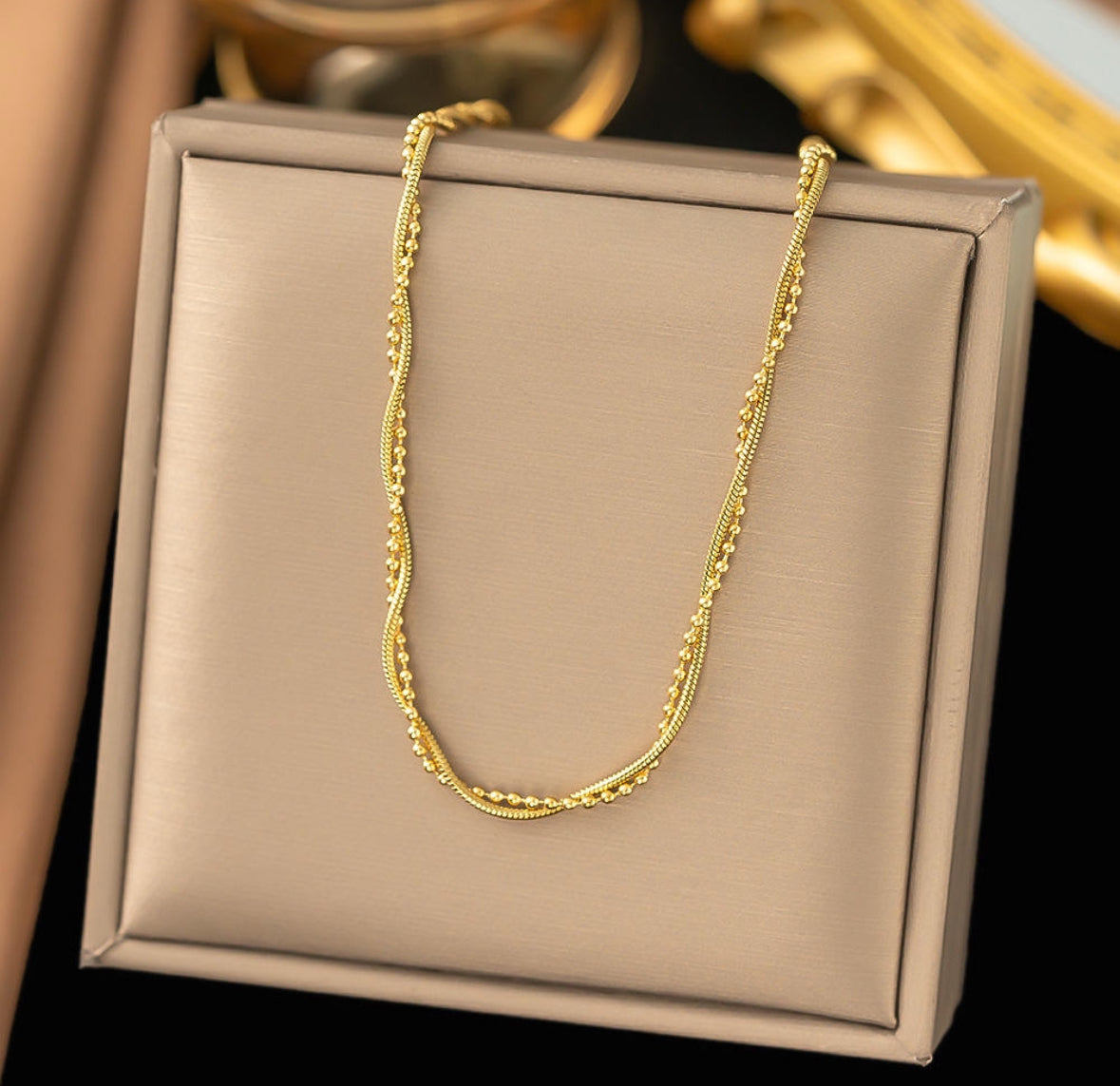 Twisted Beaded Double Layer Snake Chain Necklace
