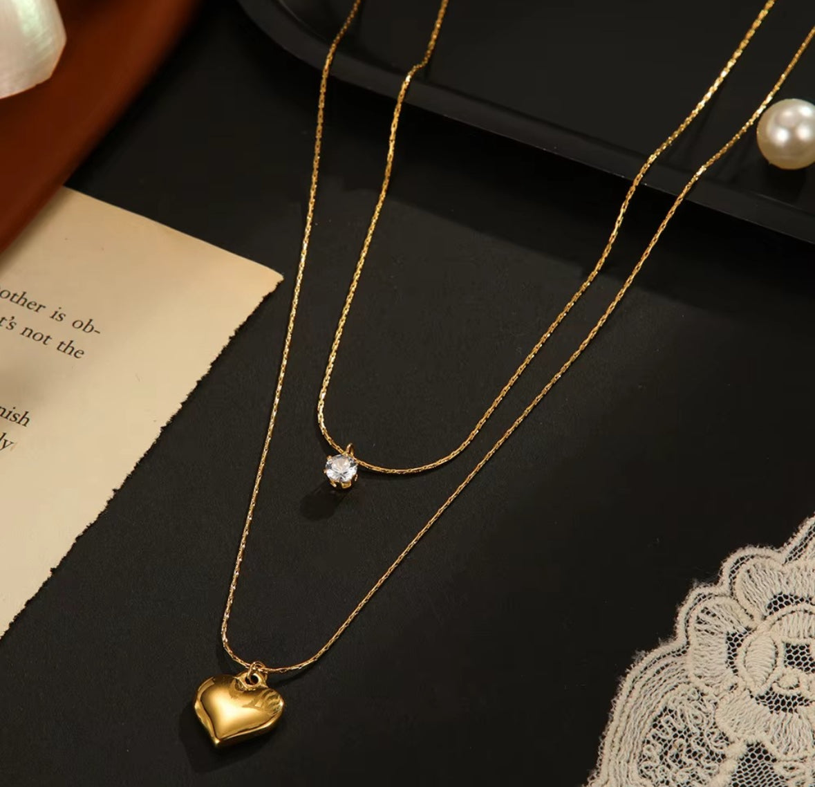 Crystal Heart Double
Layered Necklace
