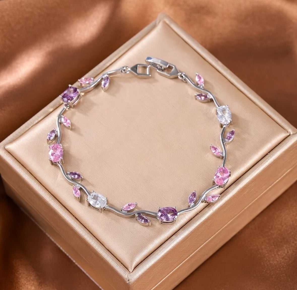Tulip Bracelet (Silver) (Purple, Pink & White Stones)