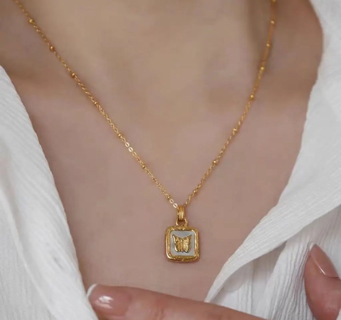 Butterfly Studded In Shell Square Necklace