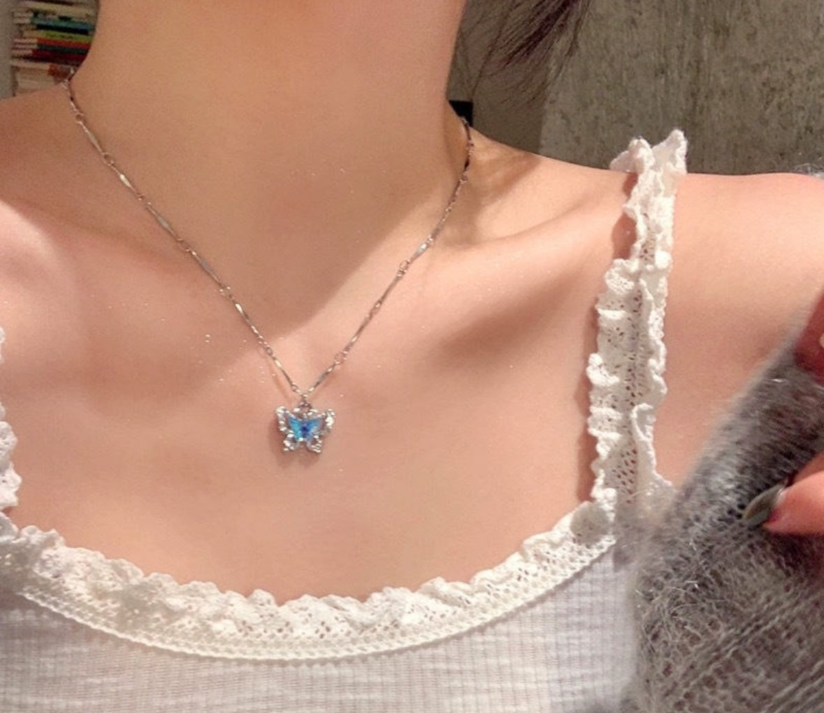 Two Layer Blue Theme Butterfly & Stone Necklace
